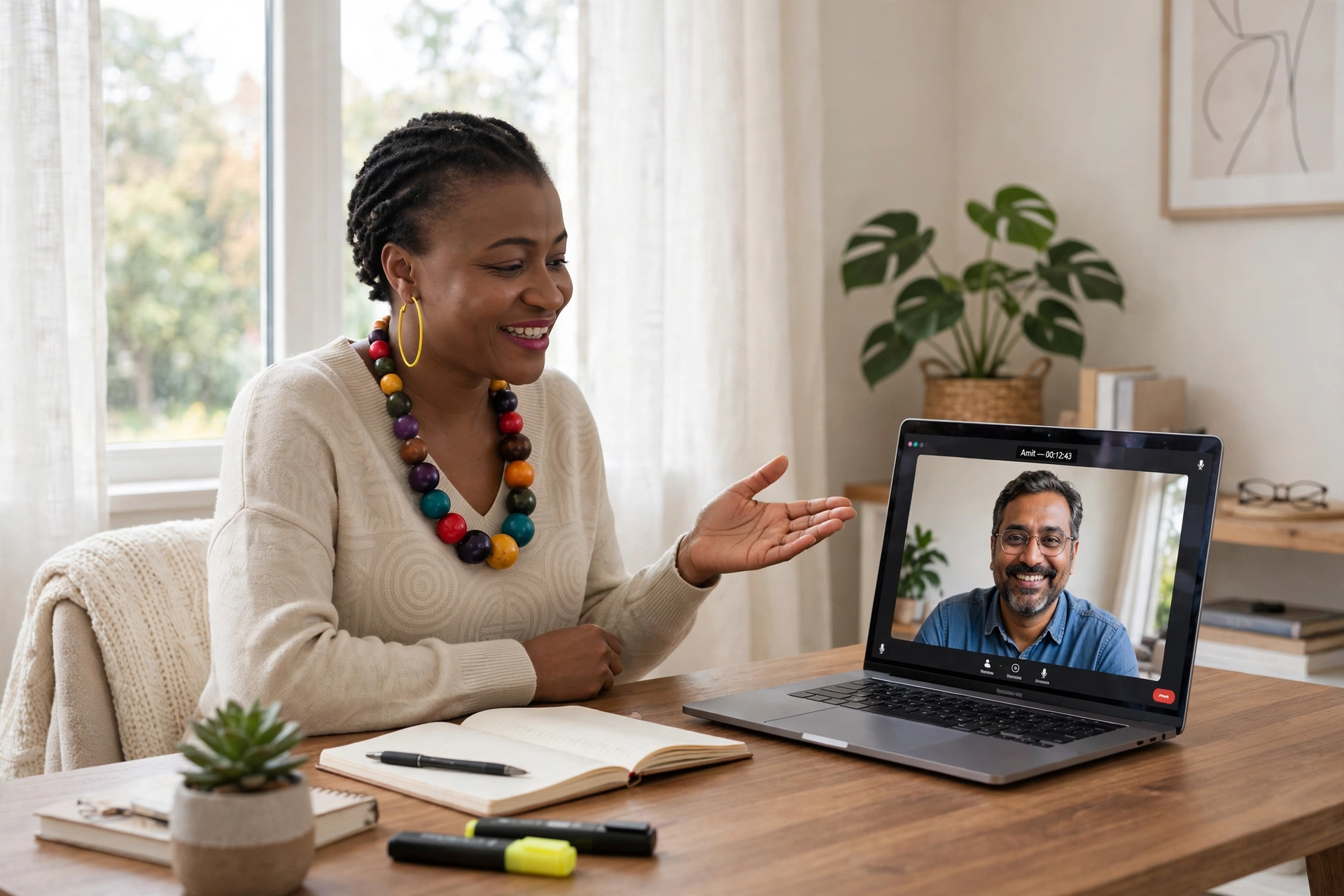 Conny in a cream sweater on a video call with a student